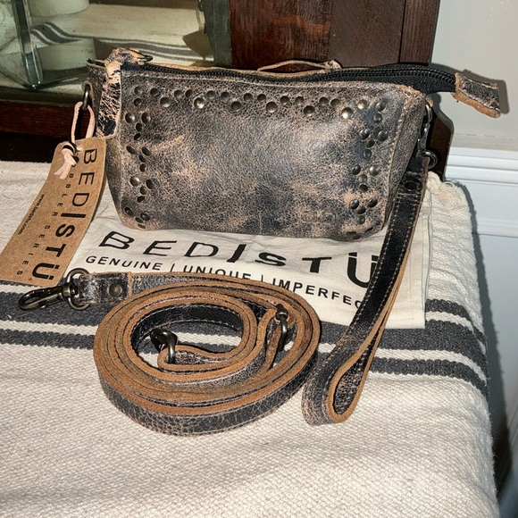 Bed Stu Handbags - NWT Bed Stu Leather Studded Encase Crossbody Wristlet Belt Bag Black Lux $135
